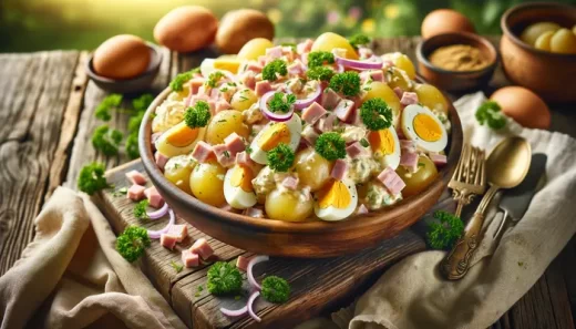Salade de pommes de terre aux œufs durs et jambon